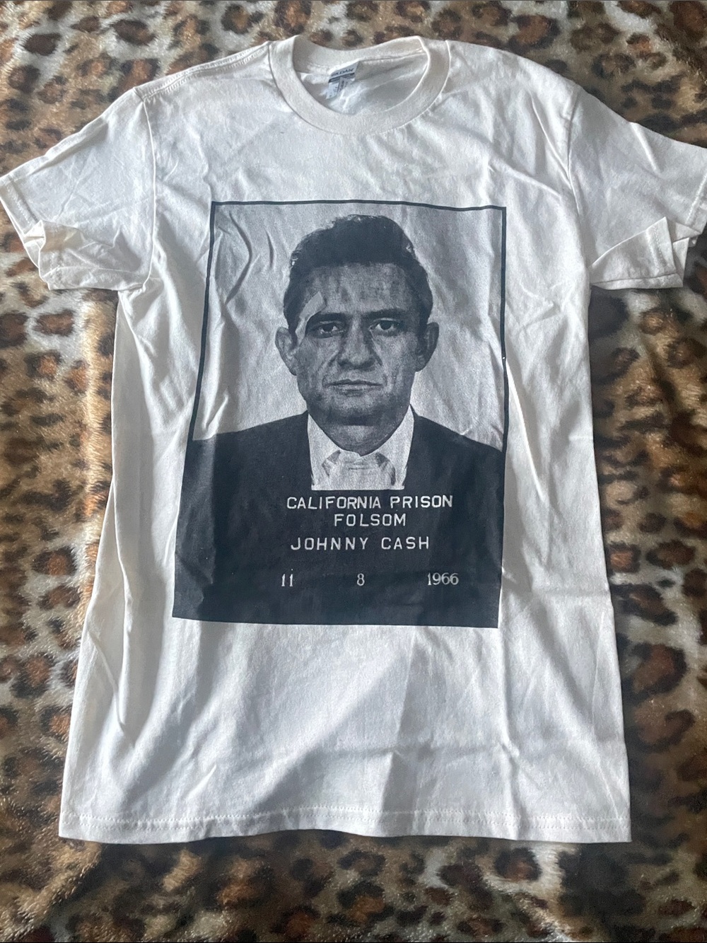 Gildan White Short-Sleeve Tee with Black Johnny Cash Mugshot Print